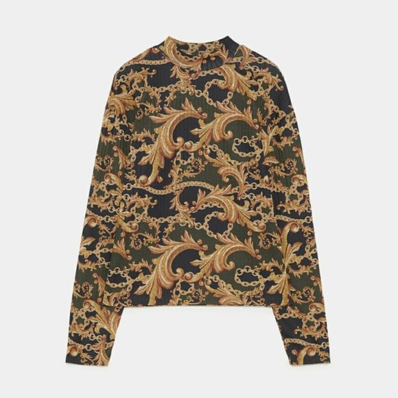 Zara Trafaluc Gold Chain Printed Textured Top - Size Medium - Picture 1 of 7